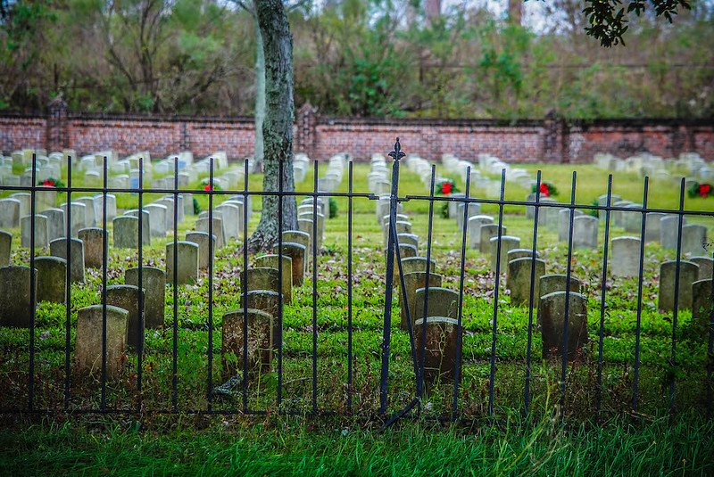 Iron fence with rows of headstones behind it.
