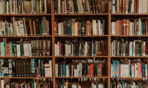 Library shelves full of books.